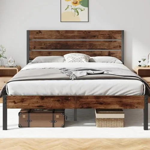 Queen Metal Bed Frame with Storage, Brown