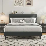 Full Upholstered Bed Frame with Headboard, Grey, view 1