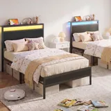 Twin Metal Bed Frame with Charging Station, Black, view 6