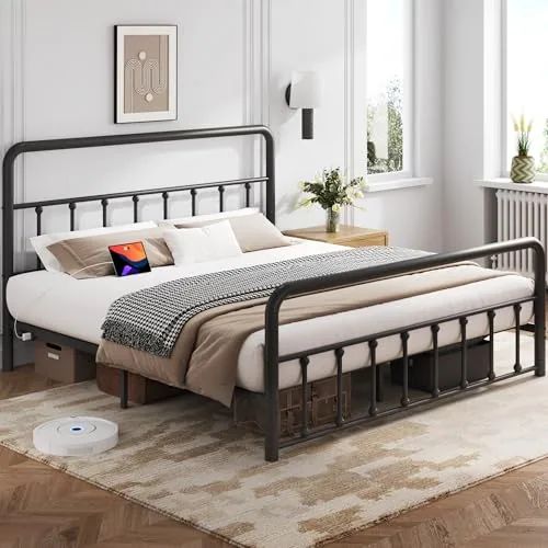 Queen Metal Bed Frame with Storage, Black