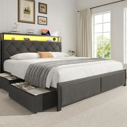 Queen Upholstered Bed Frame with 4 Drawers, Grey
