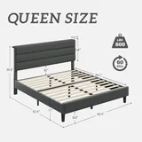 Queen Upholstered Bed Frame with Headboard, Grey, view 2