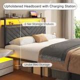 Queen Upholstered Bed Frame with 2 Drawers, Grey, view 3