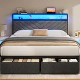 Queen Upholstered Bed Frame with 2 Drawers, Grey, view 6