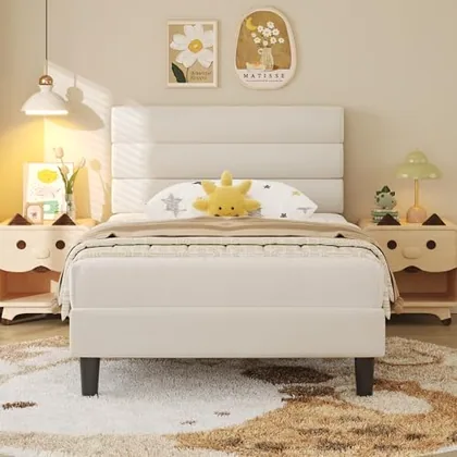 Twin Upholstered Bed Frame with LED, Beige