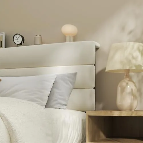 Queen Upholstered Bed Frame with LED, Beige