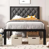 Twin Upholstered Bed Frame with Storage, Grey, view 1