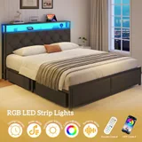 Queen Upholstered Bed Frame with 4 Drawers, Grey, view 6