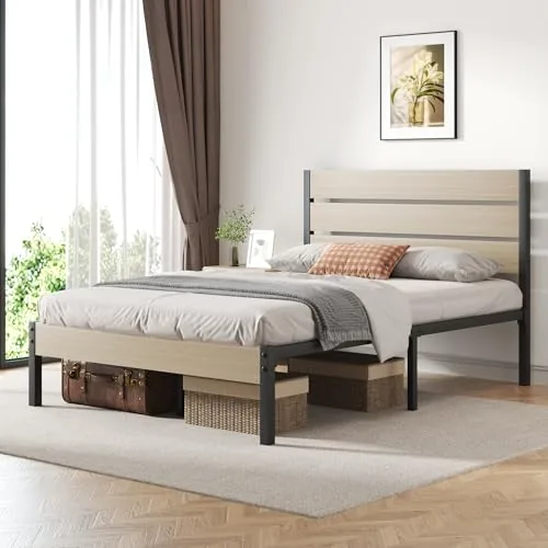 Full Metal Bed Frame with Storage, Beige