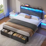 Queen Upholstered Bed Frame with 2 Drawers, Grey, view 5