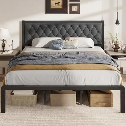 King Upholstered Bed Frame with Storage, Grey