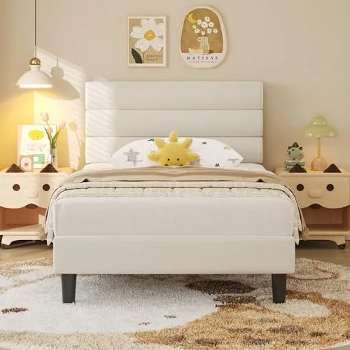 Twin Upholstered Bed Frame with LED, Beige