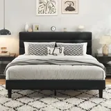 Queen Upholstered Bed Frame with LED, Black, view 1