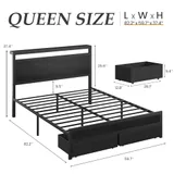 Queen Upholstered Bed Frame with 2 Drawers, Black, view 2