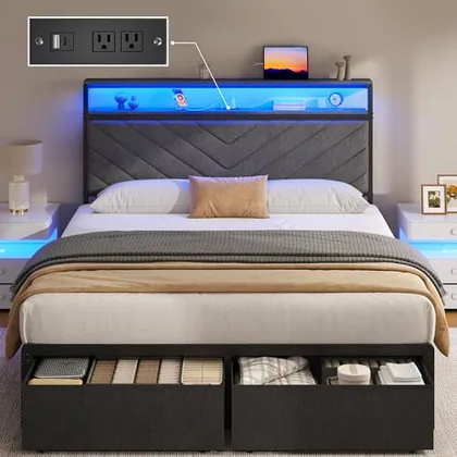 Full Upholstered Bed Frame with 2 Drawers, Grey