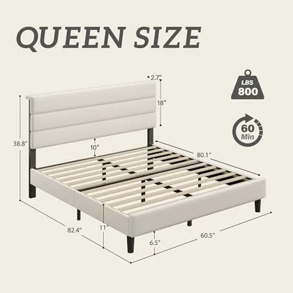 Queen Upholstered Bed Frame with LED, Beige