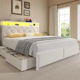 Queen Upholstered Bed Frame with Storage, Beige, view 1