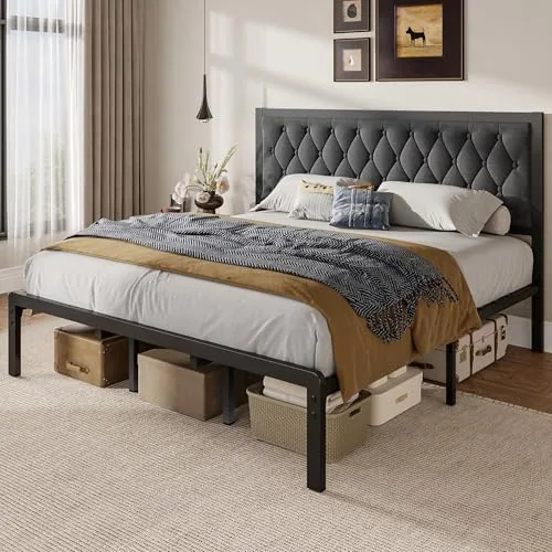 King Upholstered Bed Frame with Storage, Grey