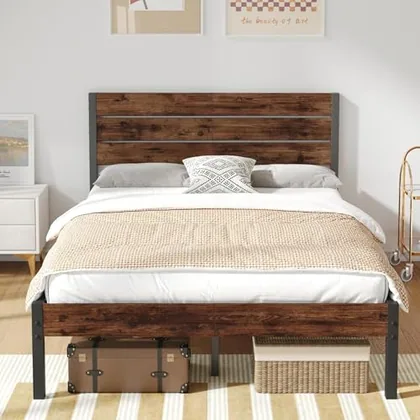 Full Metal Bed Frame with Storage, Brown