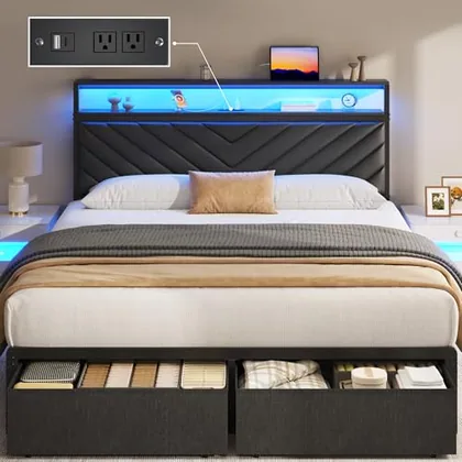 Queen Upholstered Bed Frame with 2 Drawers, Black
