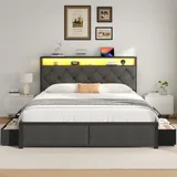 Queen Upholstered Bed Frame with 4 Drawers, Grey, view 3