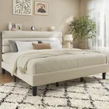 King Upholstered Bed Frame with Headboard, Beige, view 7
