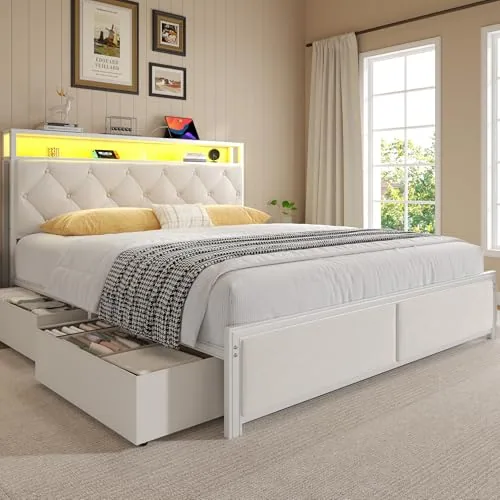 Queen Upholstered Bed Frame with Storage, Beige