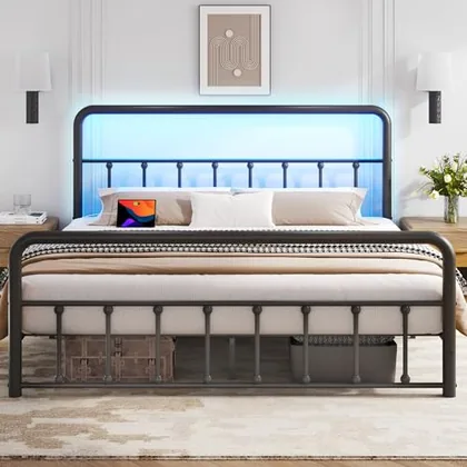 Queen Metal Bed Frame with Storage, Black