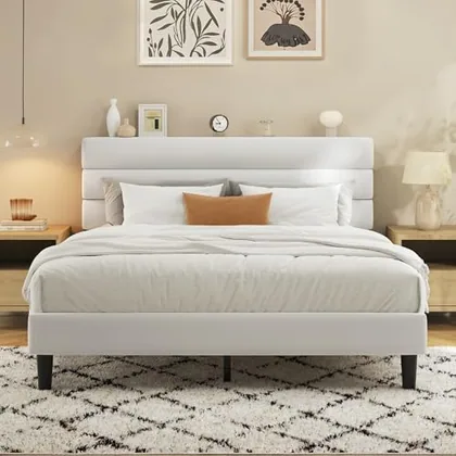 Queen Upholstered Bed Frame with LED, White