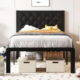 Twin Upholstered Bed Frame with Storage, Black, view 1