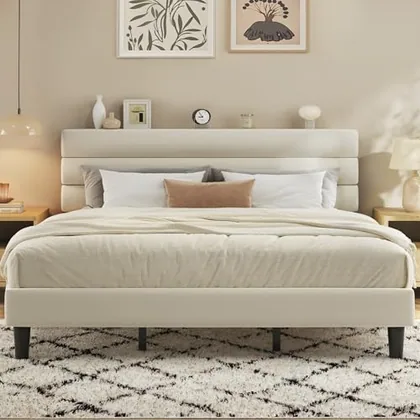 King Upholstered Bed Frame with Headboard, Beige
