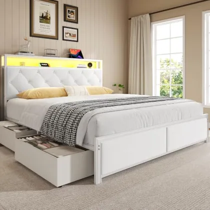 Queen Upholstered Bed Frame with Storage, White